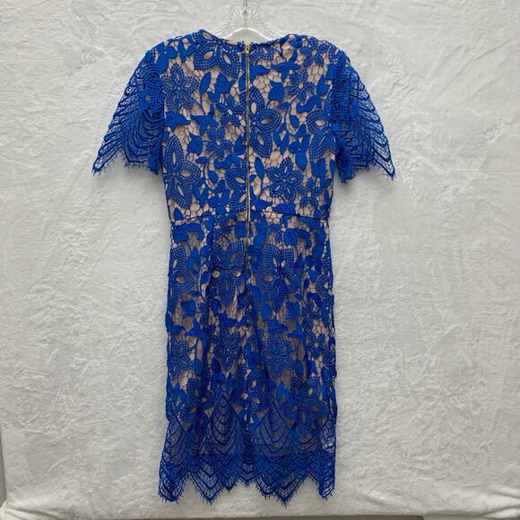 ASOS Womens Size 6 Blue Lace Overlay Short Sleeve Scoop Shift Dress Nude Lining - Picture 2 of 8